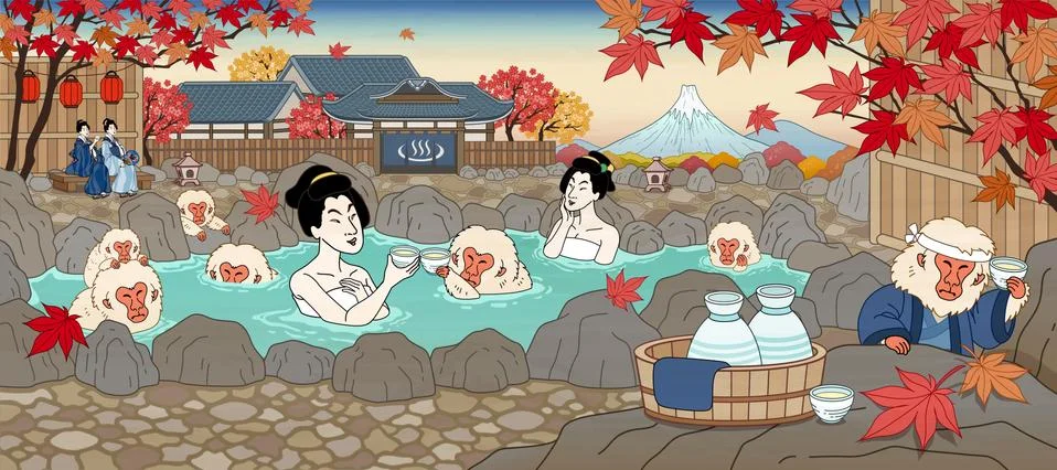 Ukiyo-e style hot spring scene Stock Illustration