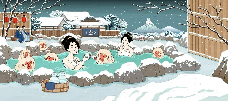 Ukiyo-e style hot spring scene Stock Illustration
