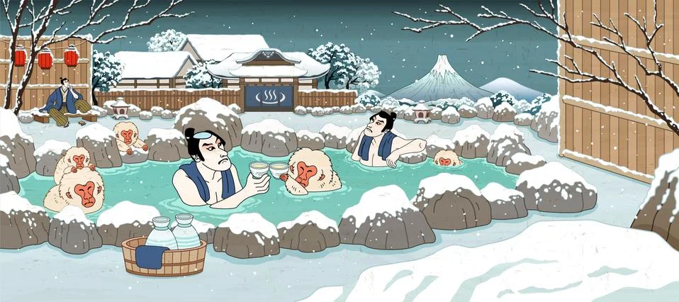 Ukiyo-e style hot spring scene Stock Illustration