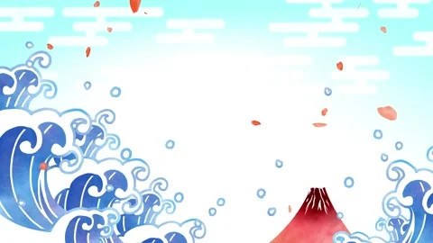 Ukiyo-e Style Waves Mount Fuji Cherry Blossom Loop Animation – Japanese Art Back Stock Footage 327848604