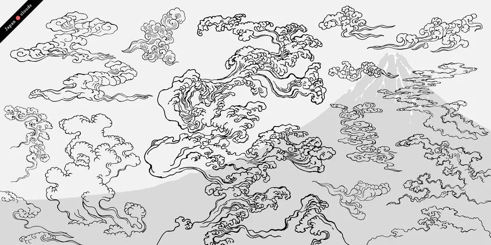 Ukiyo-e touch Rippling clouds design set Stock Illustration