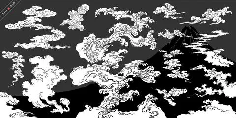 Ukiyo-e touch Rippling clouds design set Stock Illustration