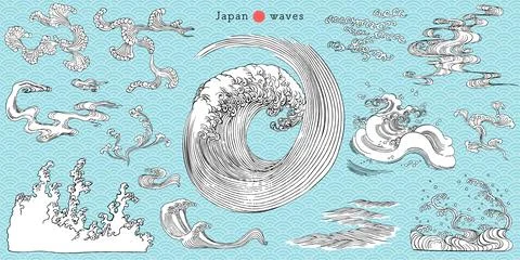 Ukiyo-e touch Waves design set Stock Illustration