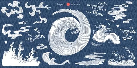 Ukiyo-e touch Waves design set Stock Illustration
