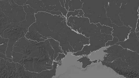 Ukraine before 2014 outlined on a Bilevel elevation map with lakes and rivers Illustrazione stock