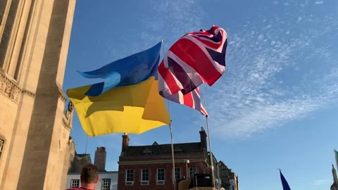 Ukraine and british flags fly in the breeze Stock Footage 205329602