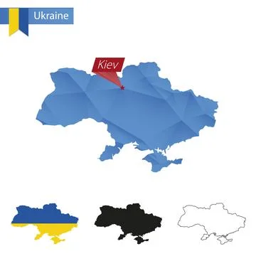 Ukraine blue Low Poly map with capital Kiev. 스톡 일러스트