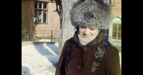 Ukraine - circa 1970s: Authentic winter fashion of the Soviet era, woman 库存影片 334116847