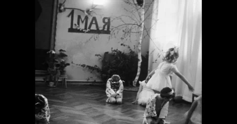 Ukraine - circa 1970s: Soviet kindergarten celebration of May 1st Labor Day Vídeo Stock 325802053