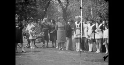 Ukraine - circa 1970s: Soviet students and teachers at the Last Bell ceremony Stock Footage 333595300
