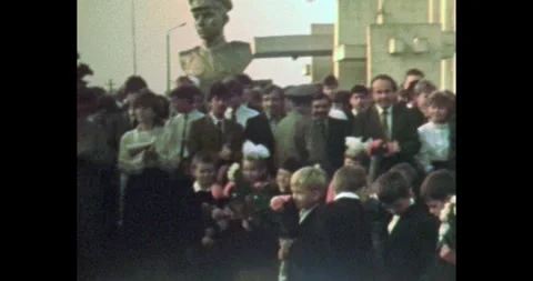 Ukraine - circa 1980s: Soviet School Line-up with Pioneer Flag Stock Footage 323655617