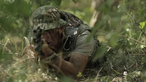 Ukraine, Donetsk. August 2017. A group of soldiers moves through the forest Stock Footage 79472172