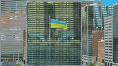 Ukraine Flag 3D Render Animation on Pole with Modern Business District Build Video stock 332878533