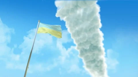 Ukraine Flag 3D Render Animation on Pole with Fighter Jets Smoke Trails in B Stock-Footage 333243720