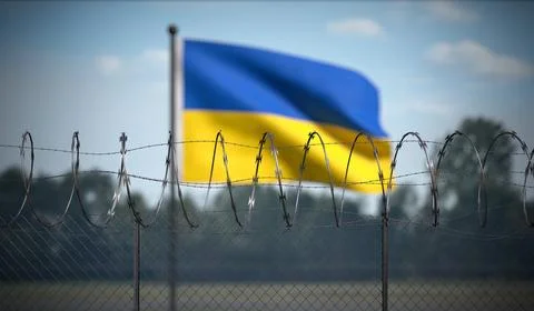 Ukraine - Flag and Barbed Wire Fence - 3D illustration Stock Illustration