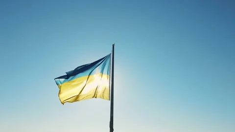 Ukraine flag on background of blue sky and sun Stock Footage 169694875