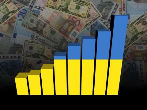 Ukraine flag bar chart over Euros and Dollars illustration Stock Illustration