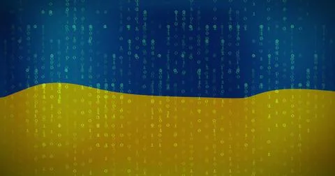 Ukraine flag with binary code representing digital security challenges in 스톡 사진