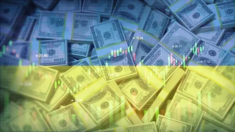 Ukraine Flag on Economic Background With Decrease Bar Chart Graph And Arrow Stock Footage 320894262