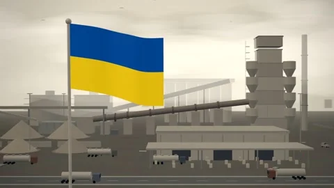 Ukraine Flag Flying Over Cement Works Rotary Kiln seamless loop Stock Footage 345139261