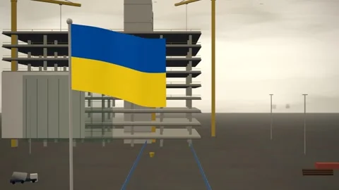 Ukraine Flag Flying Over Construction Site Tower Cranes seamless loop Stock Footage 345346026
