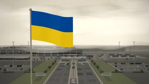 Ukraine Flag Flying Over Data Center Technology Campus seamless loop Video stock 345346412