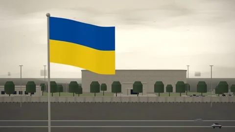 Ukraine Flag Flying Over Embassy Compound Perimeter Wall seamless loop Stock Footage 345131150