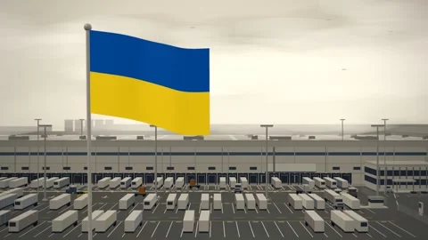 Ukraine Flag Flying Over Logistics Warehouse Distribution Centre seamless loop Stock Footage 345345804