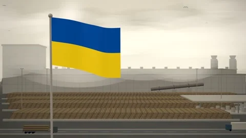 Ukraine Flag Flying Over Paper Mill Log Yard seamless loop Stock Footage 345379147