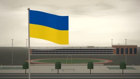 Ukraine Flag Flying Over School Campus Running Track seamless loop Stock Footage 345380523