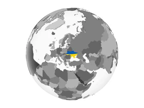 Ukraine with flag on globe isolated Stock Illustration