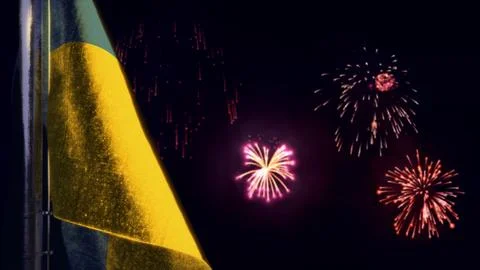 Ukraine flag is hanging on firework sky for state holiday - bokeh Stock Illustration