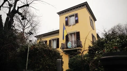 Ukraine flag at Swiss embassy in Bern. Bern, Switzerland - 07.12.2021 Stock Footage 224536722