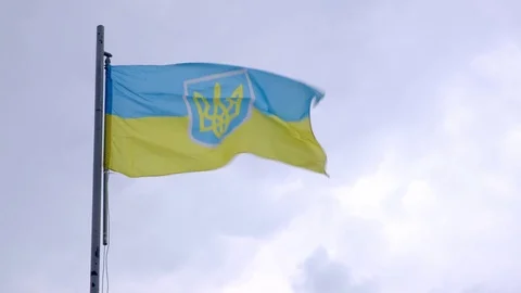 Ukraine flag with trident on a blue sky background at windy day. Stock Footage 112502863