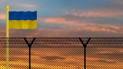 Ukraine flag waving on defence border Stock Footage 228238157