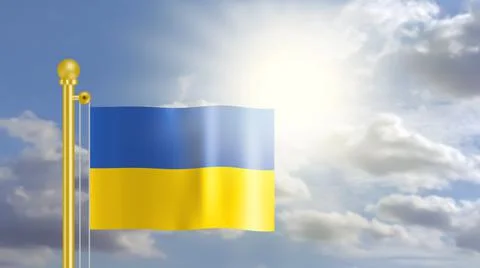 Ukraine flag waving on wind in blue sky and  front of bright sun light. Stock Illustration