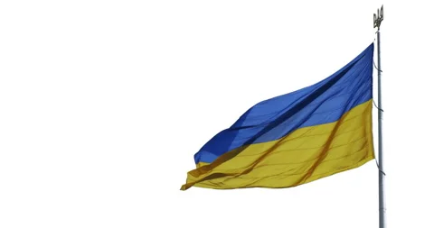 Ukraine flag on white sky, slow motion. Yellow-blue Ukrainian flag waving with Stock Footage 194410312
