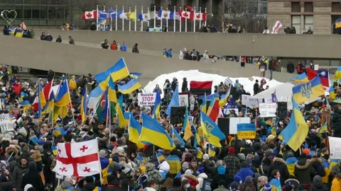 Ukraine Flags Being Flown By Crowds At Pro Ukrainian Rally Taking Place At Stock Footage 171264696
