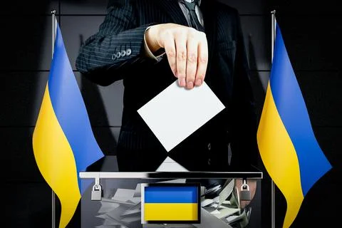 Ukraine flags, hand dropping voting card - election concept - 3D illustration Ilustração Stock