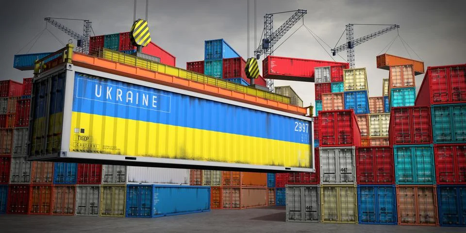 Ukraine - freight container in cargo terminal - 3D illustration Stock Illustration