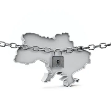 Ukraine lockdown concept. Map with lock and chain. 3D Render Illustrazione stock