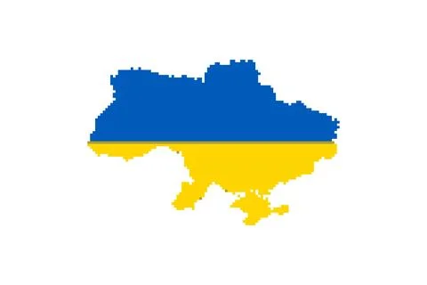 Ukraine map in 8-bit pixel style. Ukrainian flag. Art vector icon isolated .. Stock Illustration