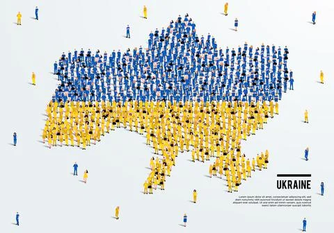 Ukraine Map and Flag. A large group of people in the Ukraine flag color. Stock Illustration
