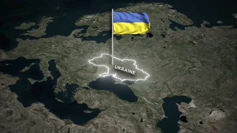Ukraine Map Animation with 3D Waving of Ukraine Flag, Glowing Border World Map Video stock 332305464