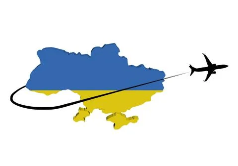 Ukraine map flag with plane silhouette and swoosh 3d illustration Stock Illustration