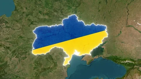 Ukraine Map Highlight with Animated Flag Pin on World Satellite Map Stock Footage 341099955
