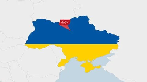Ukraine map highlighted in Ukraine flag colors and pin of country capital Kyi Stock Illustration