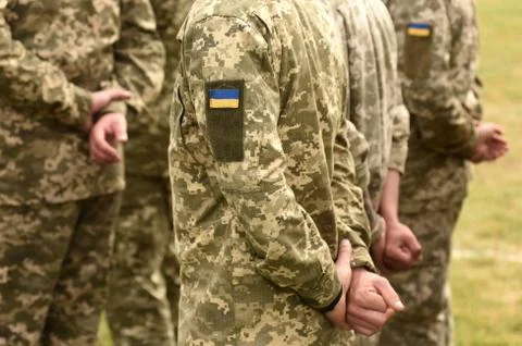 Ukraine patch flag on army uniform. Ukraine military uniform. Ukrainian troop Fotos de archivo