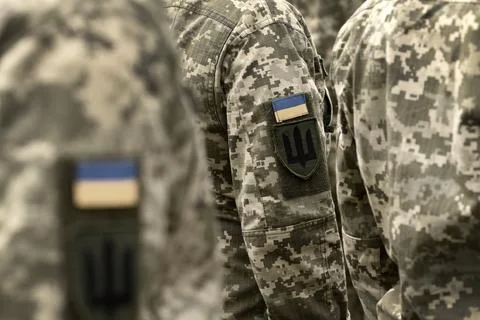 Ukraine patch flag on army uniform. Ukraine military uniform. Stock Photos