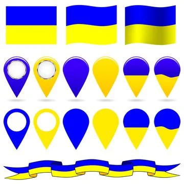 Ukraine. Set of Ukrainian flags and pointers in national colors. Isolated Stock Illustration